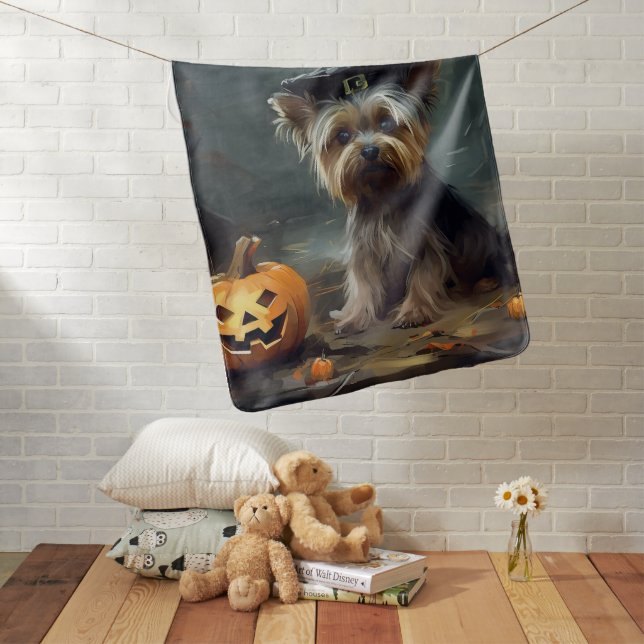 Yorkshire Terrier Pumpkins Halloween Scary  Baby Blanket (In Situ)