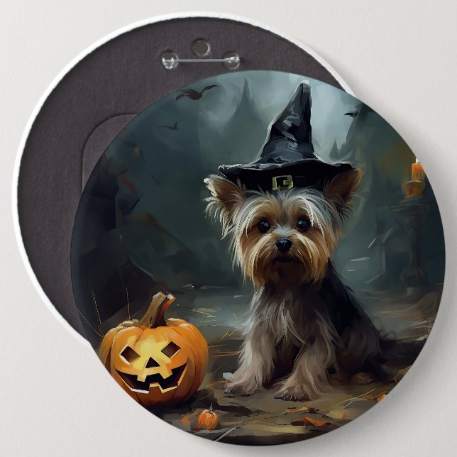 Yorkshire Terrier Pumpkins Halloween Scary  Button (Front & Back)