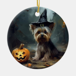 Yorkshire Terrier Pumpkins Halloween Scary Ceramic Ornament