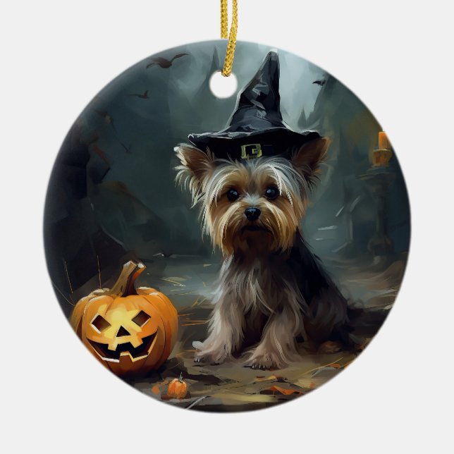 Yorkshire Terrier Pumpkins Halloween Scary  Ceramic Ornament (Front)