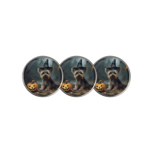 Yorkshire Terrier Pumpkins Halloween Scary  Golf Ball Marker (3 Up)