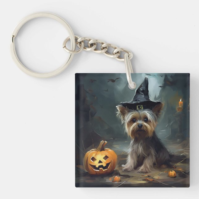 Yorkshire Terrier Pumpkins Halloween Scary  Keychain (Front)