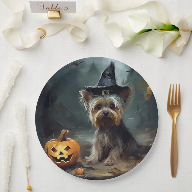Yorkshire Terrier Pumpkins Halloween Scary  Paper Plates (Wedding)