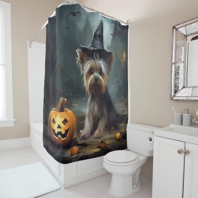 Yorkshire Terrier Pumpkins Halloween Scary  Shower Curtain (In Situ)