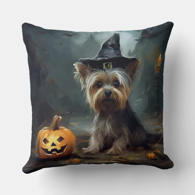 Yorkshire Terrier Pumpkins Halloween Scary  Throw Pillow (Back)