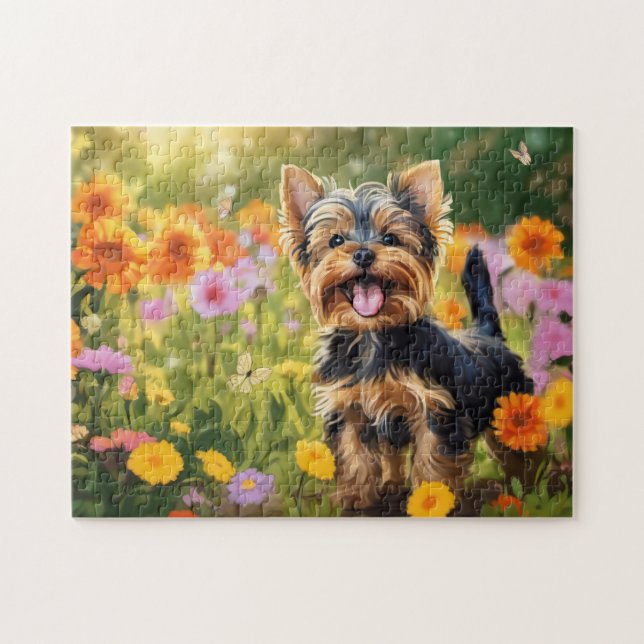 Yorkshire Terrier Pup in Flower Field Jigsaw Puzzle (Horizontal)