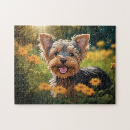 Yorkshire Terrier Pup in Flower Field Jigsaw Puzzle