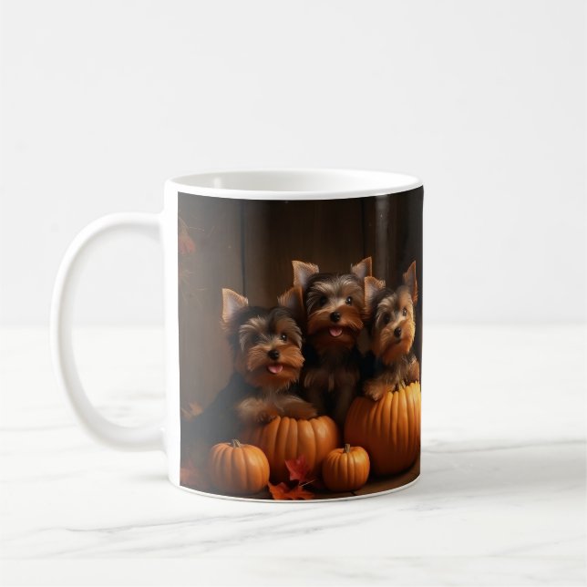 Yorkshire Terrier Puppy Autumn Delight Pumpkin  Coffee Mug (Left)