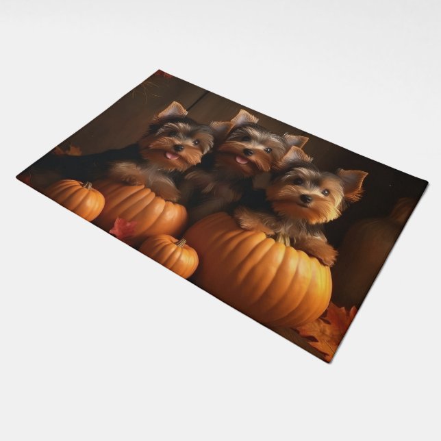 Yorkshire Terrier Puppy Autumn Delight Pumpkin  Doormat (Angled)