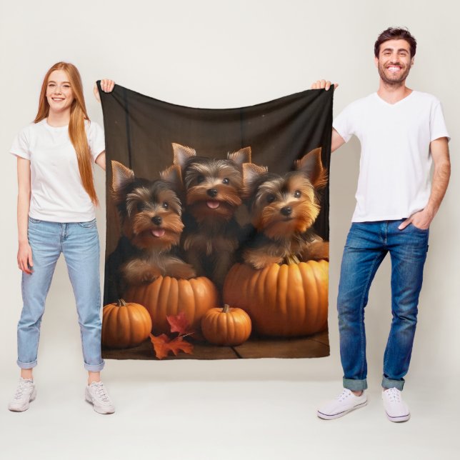 Yorkshire Terrier Puppy Autumn Delight Pumpkin  Fleece Blanket (In Situ)