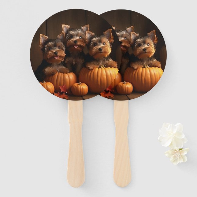 Yorkshire Terrier Puppy Autumn Delight Pumpkin  Hand Fan (Front and Back)