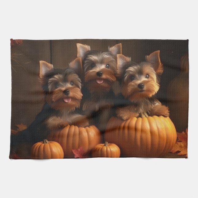 Yorkshire Terrier Puppy Autumn Delight Pumpkin  Kitchen Towel (Horizontal)