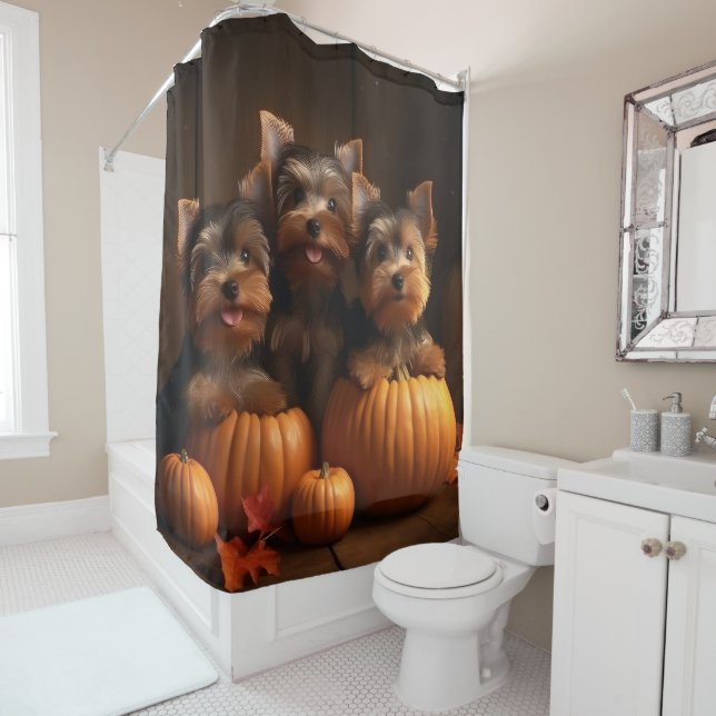 Yorkshire Terrier Puppy Autumn Delight Pumpkin  Shower Curtain (In Situ)