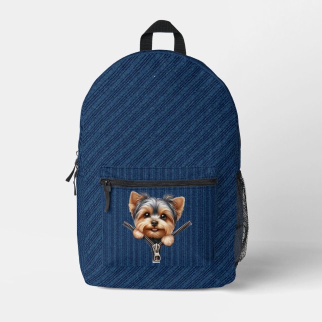 Yorkshire Terrier Puppy Denim Cloth Printed Backpack (Front)