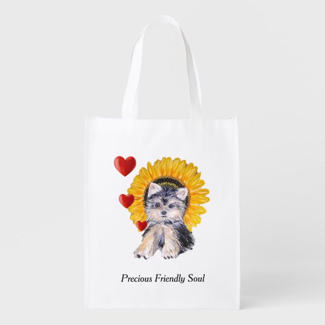Yorkshire Terrier puppy dog, hearts & sunflower Grocery Bag (Front)