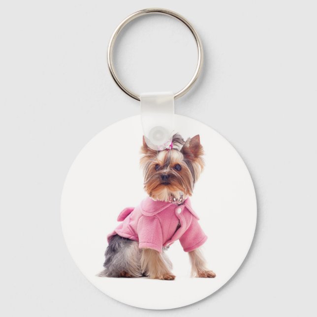 Yorkshire Terrier Puppy Dog In Pink Keychain (Front)
