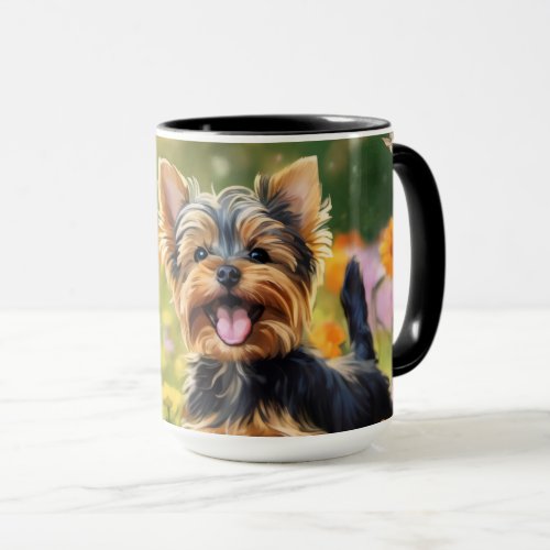 Yorkshire Terrier Puppy Field of Flowers Mug