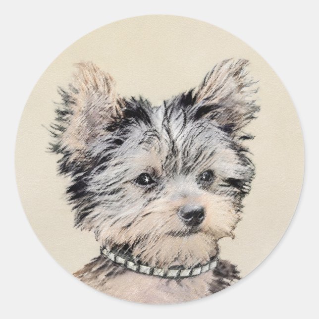 Yorkshire Terrier Puppy Painting Original Dog Art Classic Round Sticker (Front)