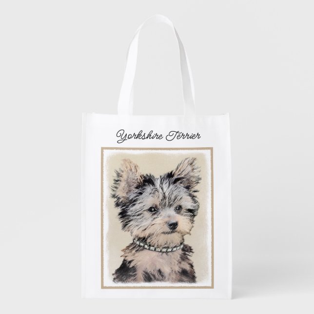 Yorkshire Terrier Puppy Painting Original Dog Art  Grocery Bag (Front)