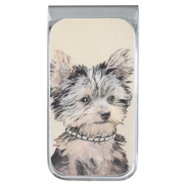 Yorkshire Terrier Puppy Painting Original Dog Art Silver Finish Money Clip (Front Vertical)