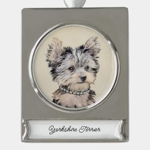 Yorkshire Terrier Puppy Painting Original Dog Art  Silver Plated Banner Ornament