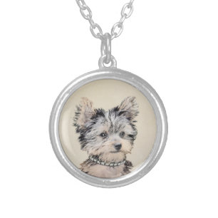 Yorkshire Terrier Puppy Painting Original Dog Art Silver Plated Necklace