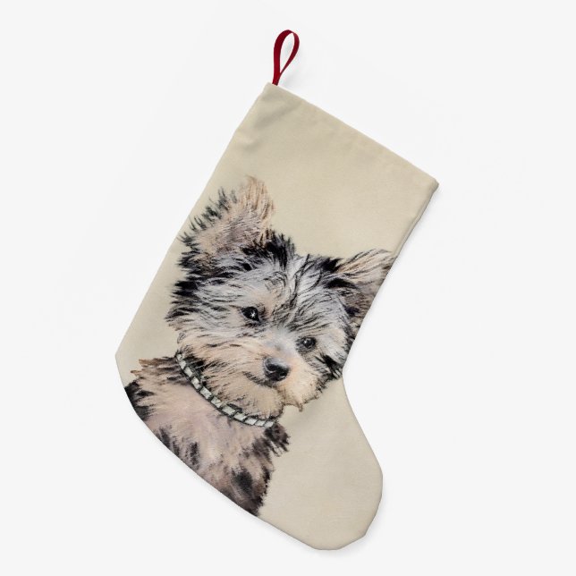Yorkshire Terrier Puppy Painting Original Dog Art Small Christmas Stocking (Front (Hanging))
