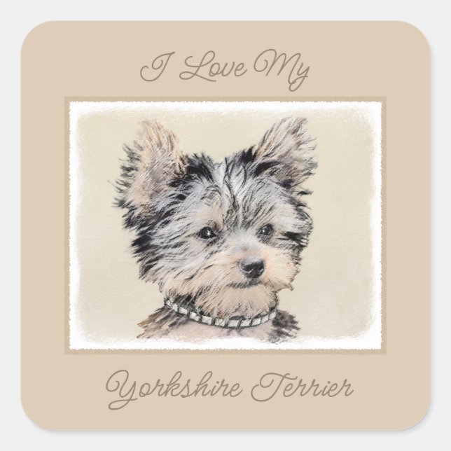 Yorkshire Terrier Puppy Painting Original Dog Art  Square Sticker (Front)