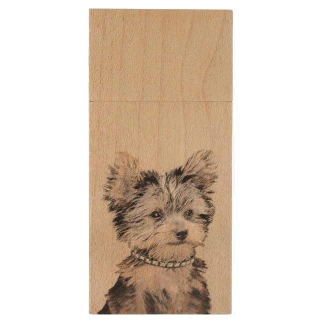 Yorkshire Terrier Puppy Painting Original Dog Art Wood Flash Drive (Back (Vertical))