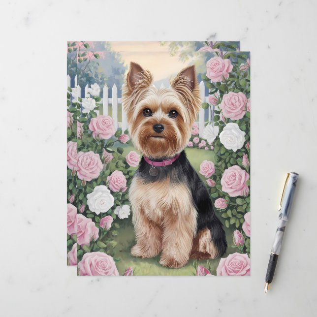 Yorkshire Terrier Rose Garden Art Scrapbook Paper (Front/Back In Situ)