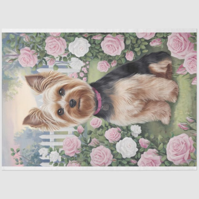 Yorkshire Terrier Rose Garden Painting Decoupage Tissue Paper (Front)