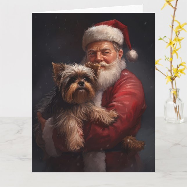 Yorkshire Terrier Santa Claus Festive Christmas Card (Yellow Flower)