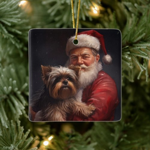 Yorkshire Terrier Santa Claus Festive Christmas Ceramic Ornament