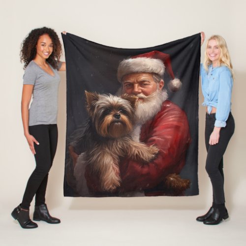 Yorkshire Terrier Santa Claus Festive Christmas Fleece Blanket