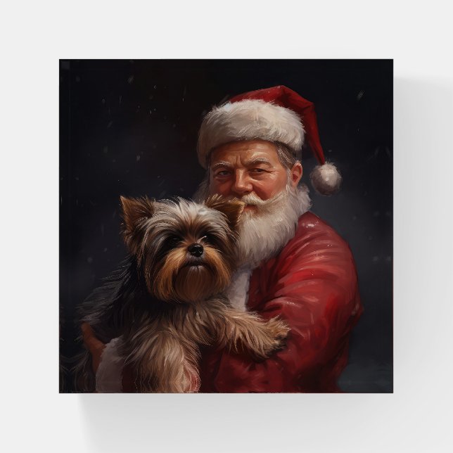 Yorkshire Terrier Santa Claus Festive Christmas Paperweight (Front)