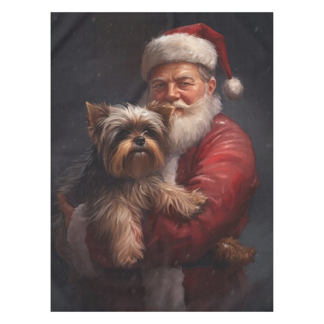 Yorkshire Terrier Santa Claus Festive Christmas Tablecloth (Front)
