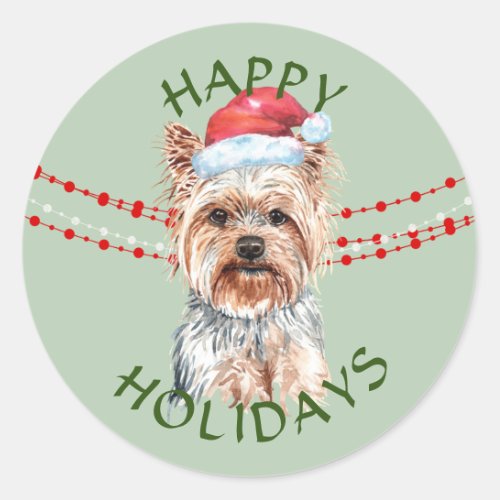 Yorkshire Terrier Santa Hat Happy Holidays Classic Round Sticker