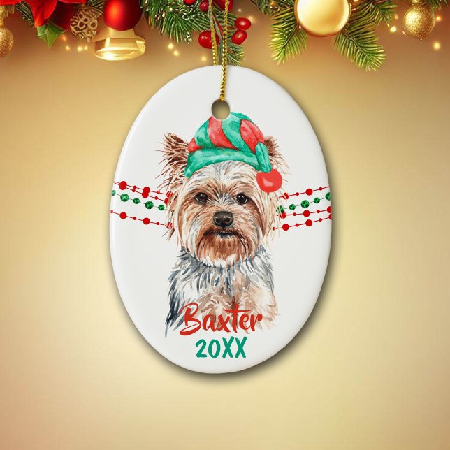 Yorkshire Terrier Santa Hat Holiday String Beads Ceramic Ornament (Creator Uploaded)