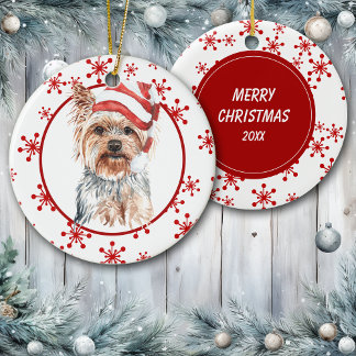 Yorkshire Terrier Santa Hat Red Snowflake Ceramic Ornament