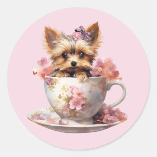 Yorkshire Terrier Sitting in Tea Cup With Flowers Classic Round Sticker