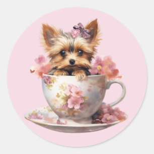 Yorkshire Terrier Sitting in Tea Cup With Flowers Classic Round Sticker