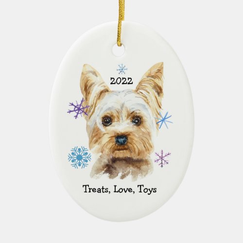 Yorkshire Terrier Snowflakes Christmas Watercolor Ceramic Ornament