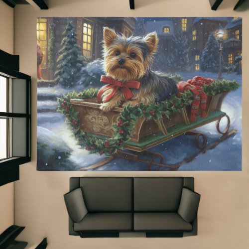 Yorkshire Terrier Snowy Sleigh Ride Christmas  Rug