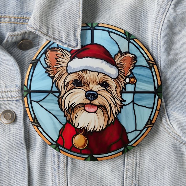 Yorkshire Terrier Stained Glass Christmas Button (In Situ)