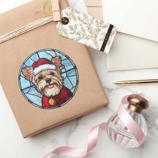 Yorkshire Terrier Stained Glass Christmas Classic Round Sticker (Gifting)