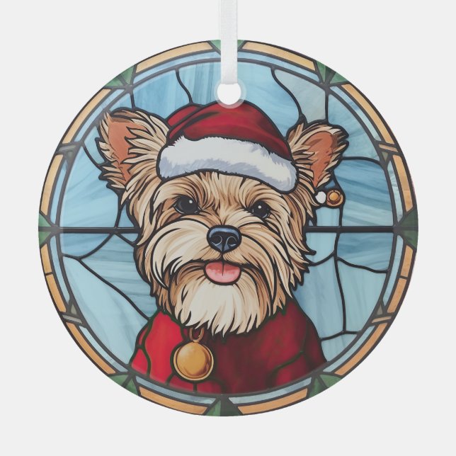 Yorkshire Terrier Stained Glass Christmas Glass Ornament (Front)