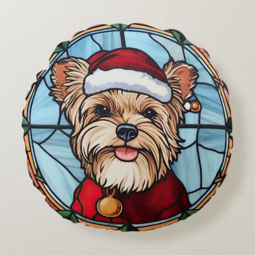 Yorkshire Terrier Stained Glass Christmas Round Pillow