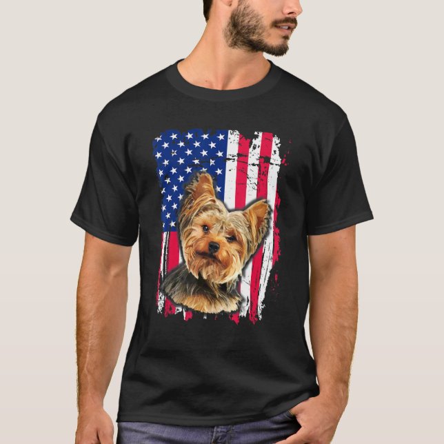 Yorkshire Terrier Us Flag 4th Of July T-Shirt (Front)