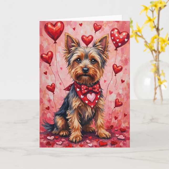 Yorkshire Terrier Valentine Dog Sitting with Heart Card (Yellow Flower)