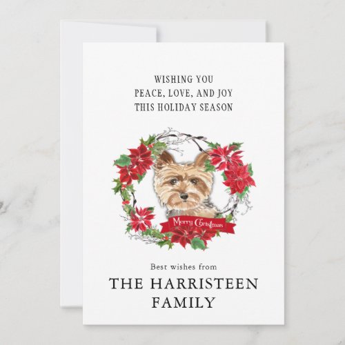 Yorkshire Terrier Watercolor Poinsettia Christmas Holiday Card